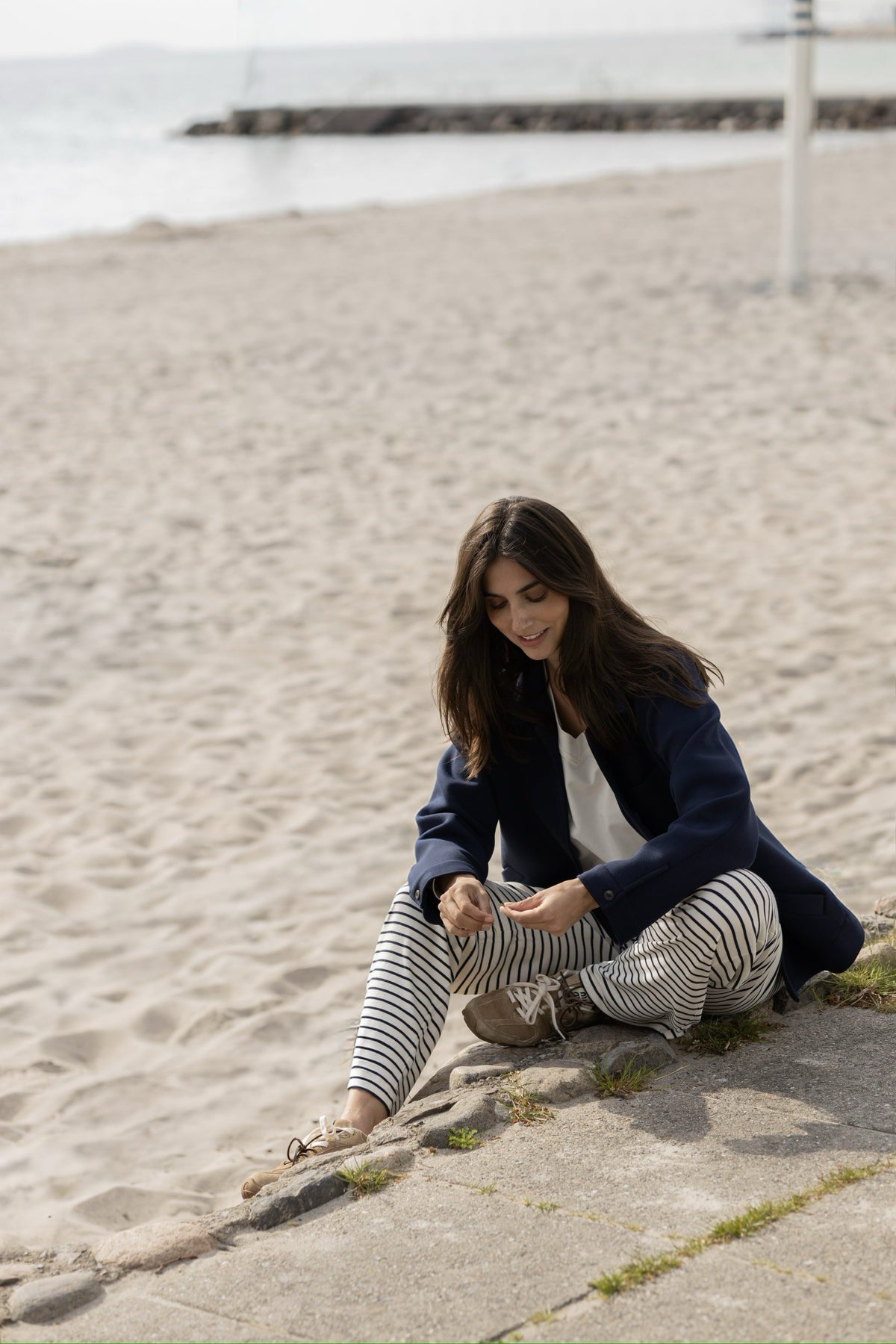 Alette Rib Pants - Ecru w/New Navy