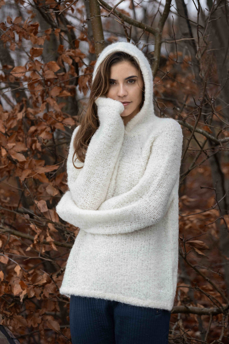 Cat Bouclé Knit Hoodie - Ecru