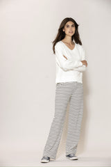 Alette Rib Pants - Ecru w/New Navy