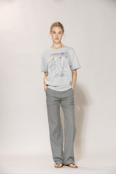 Lisen striped cotton/linen Trousers - Silver Pine w/Light Camel