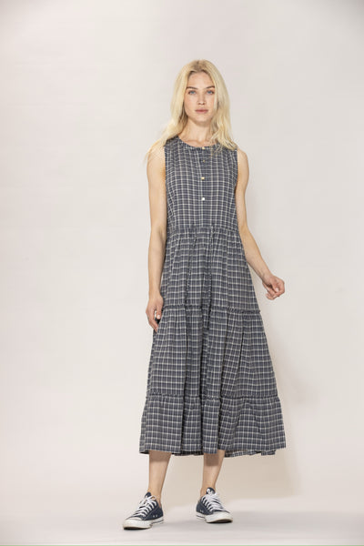 Linett voile check Dress - Dusty Navy check