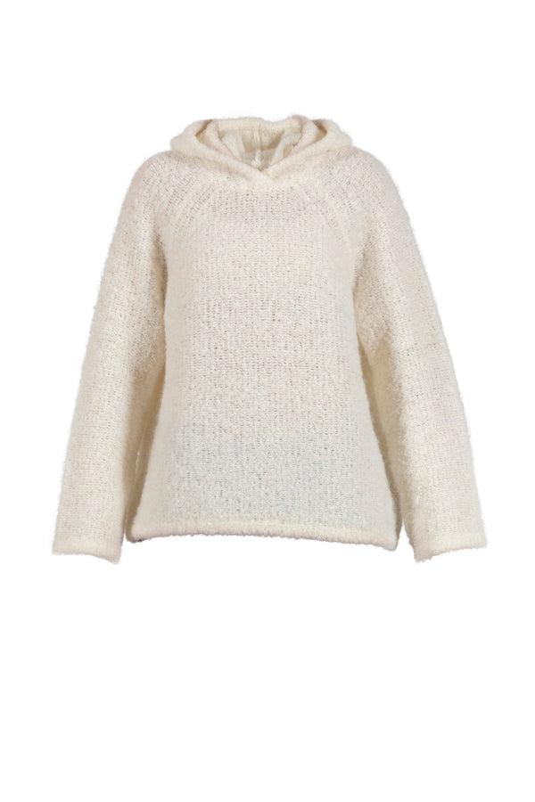 Cat Bouclé Knit Hoodie - Ecru