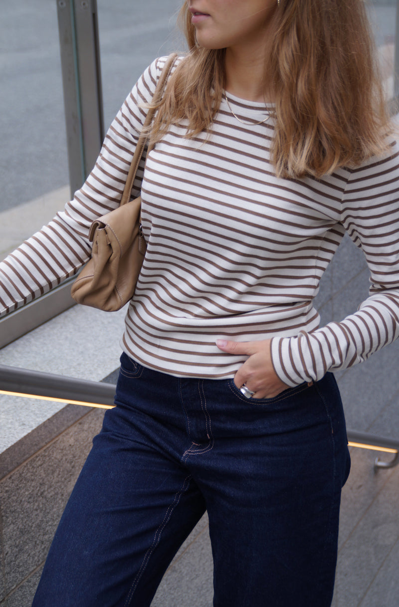 Ditte Striped Rib Tee - Ecru/Cognac