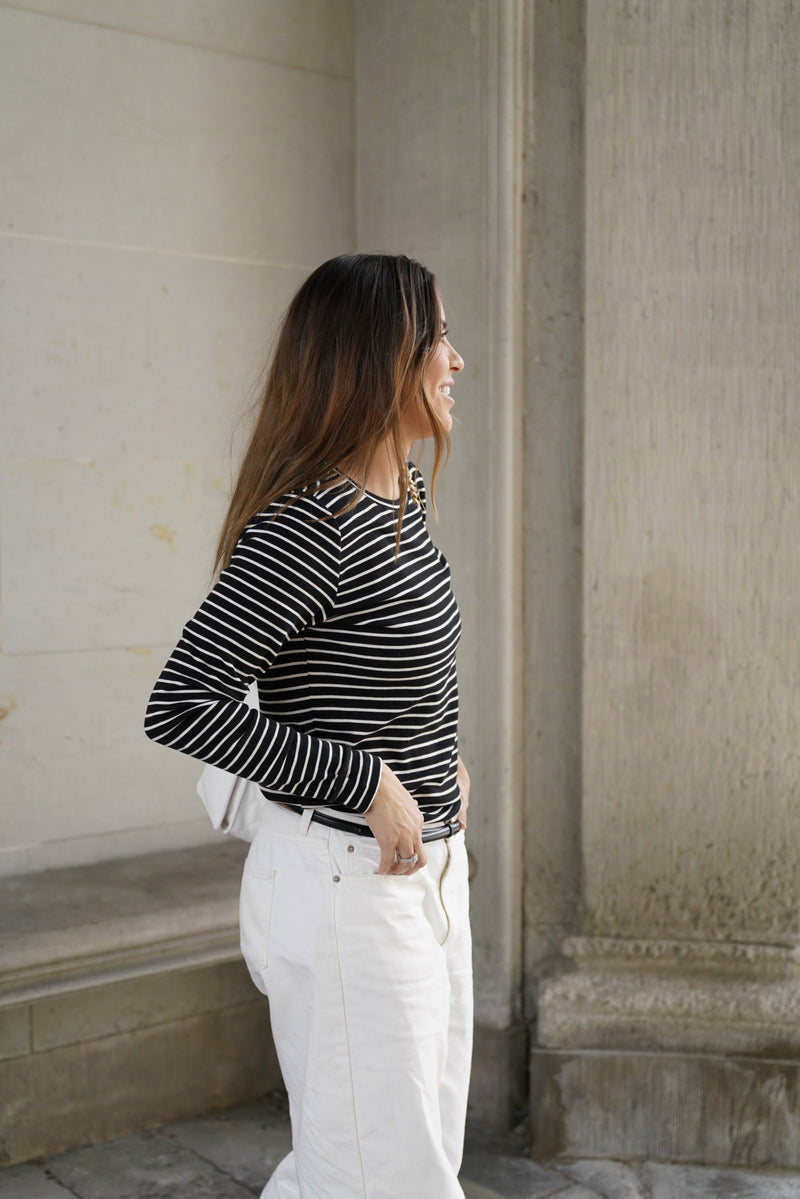 Ditte Striped Rib Tee - Black/Ecru